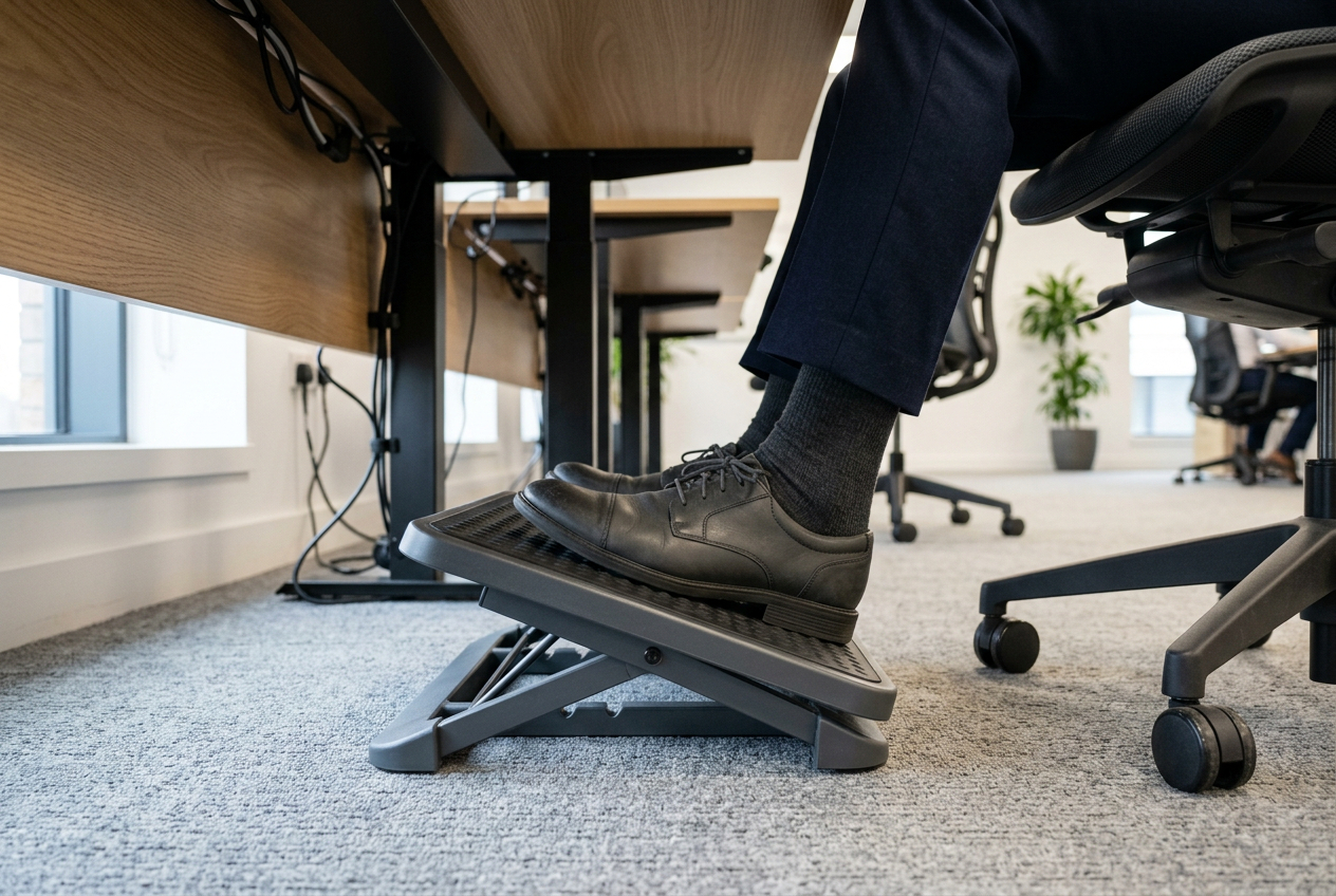 Pohled pod psací stůl na nohy spočívající na ergonomické podložce s mírným sklonem