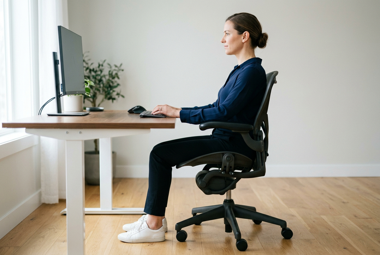 Správné sezení v ergonomické židli – boční pohled s ideálním držením těla
