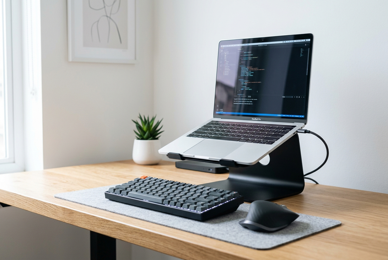 Notebook na stojanu ve výšce očí s externí klávesnicí a myší na stole