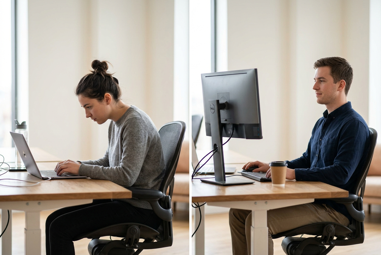 Srovnání: špatná poloha při práci na notebooku vs. správná poloha s externím monitorem