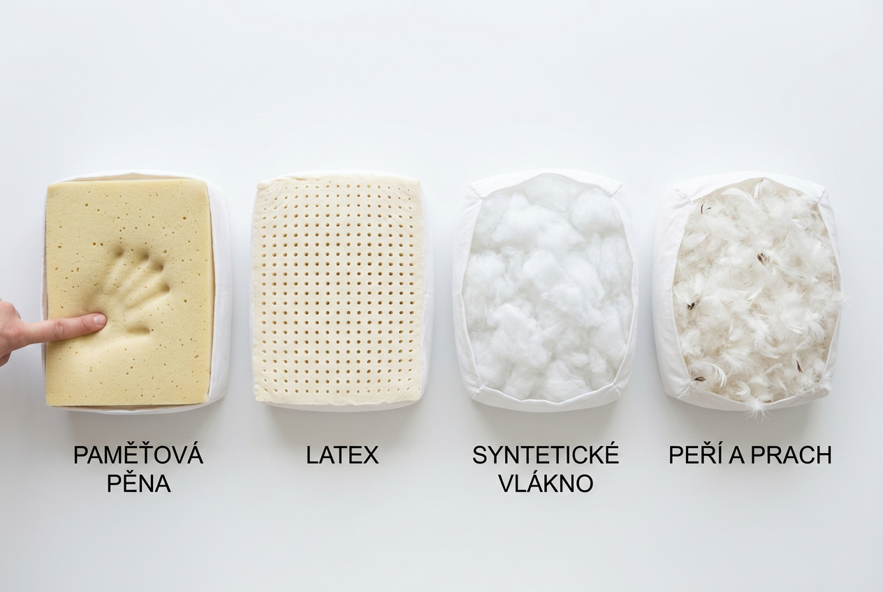 Čtyři typy polštářů – paměťová pěna, latex, syntetické vlákno, peří – pohled shora