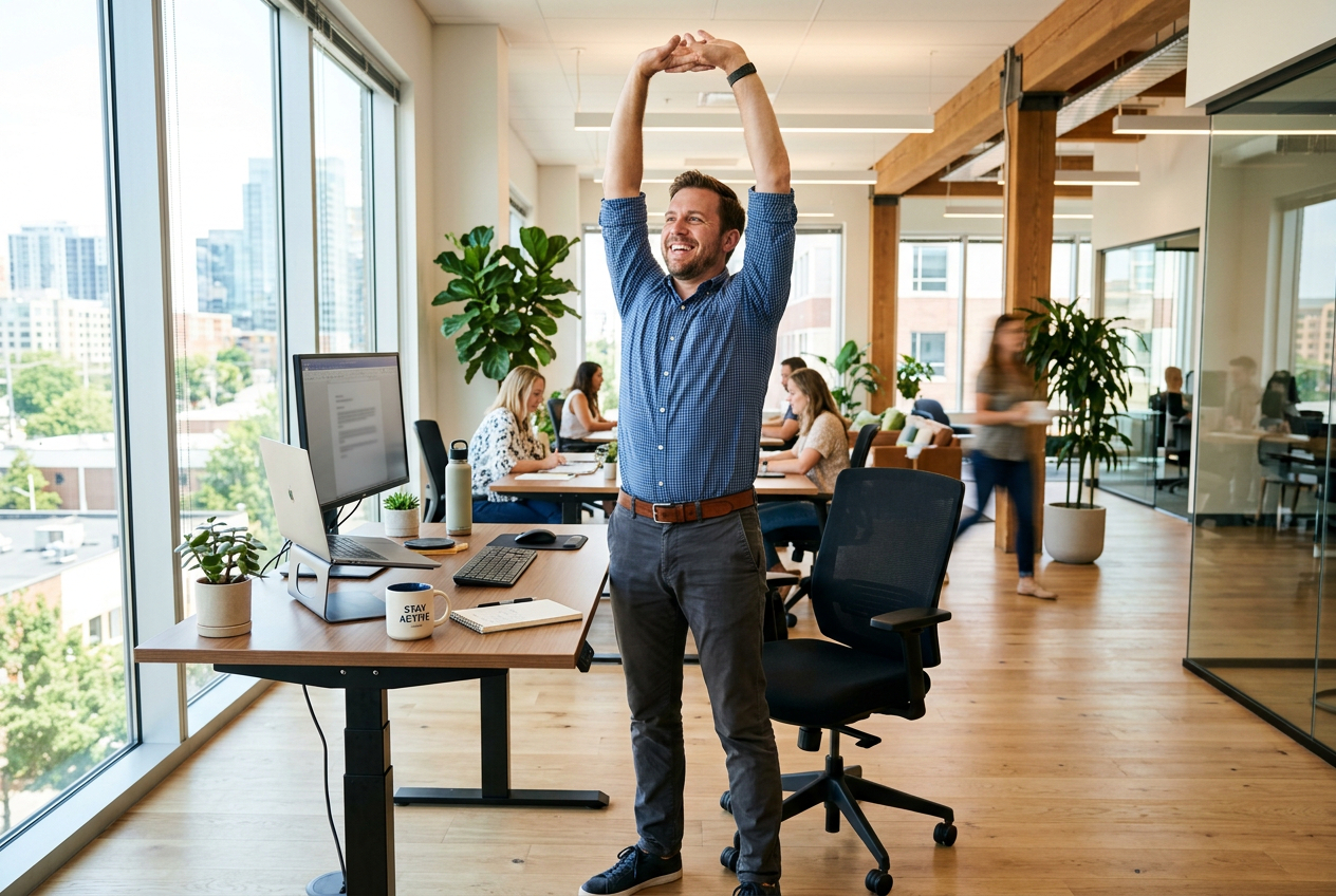 Strečink v kanceláři: 8 cviků u stolu pro uvolnění zad a šíje (5 minut)