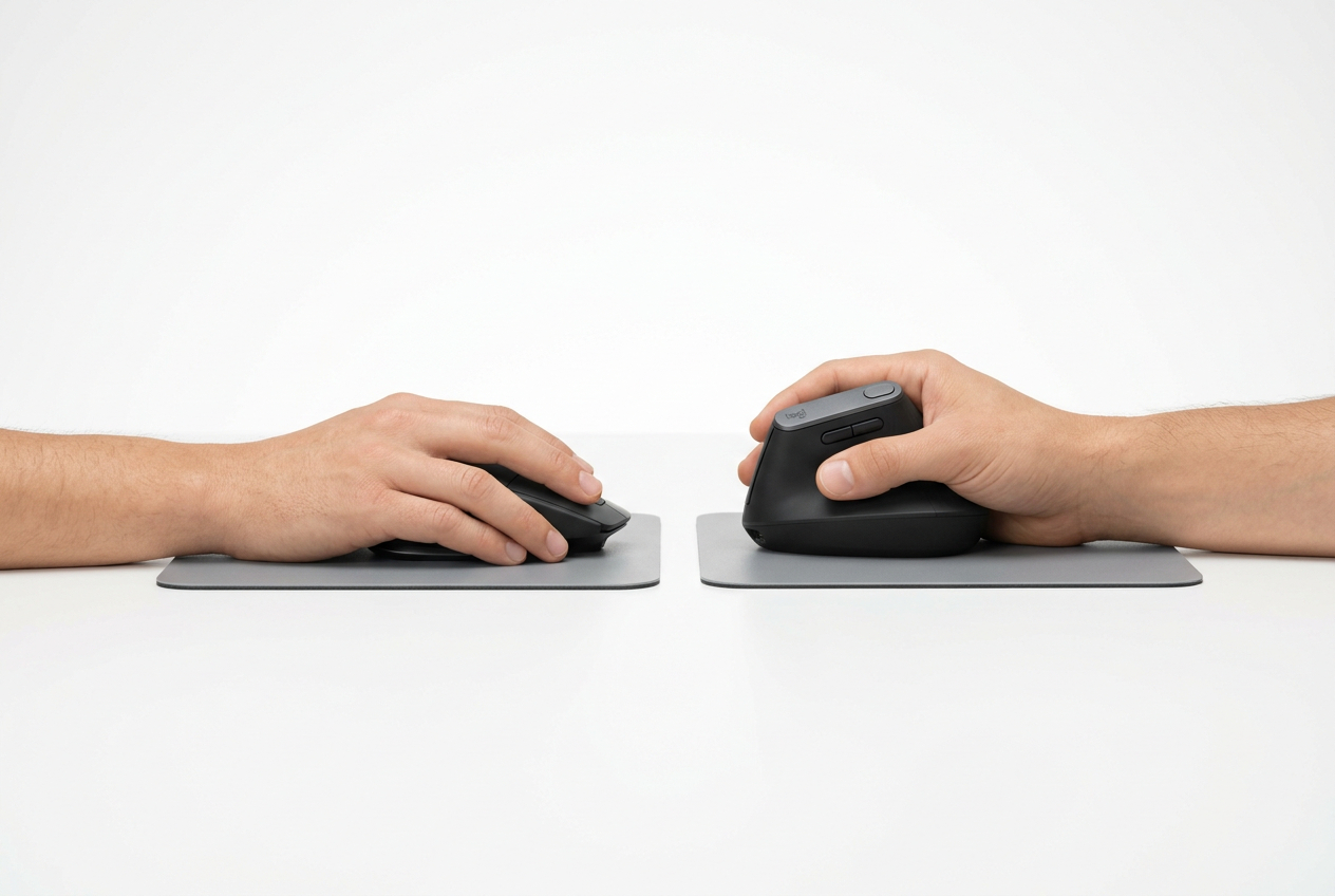 Srovnání poloh ruky: pronace na klasické myši vs. neutrální poloha na vertikální myši