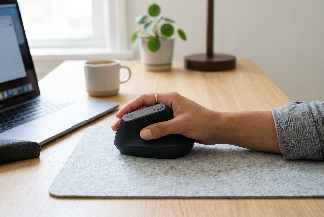 Ergonomická vertikální myš na čistém stole – ruka v přirozené poloze při podání ruky