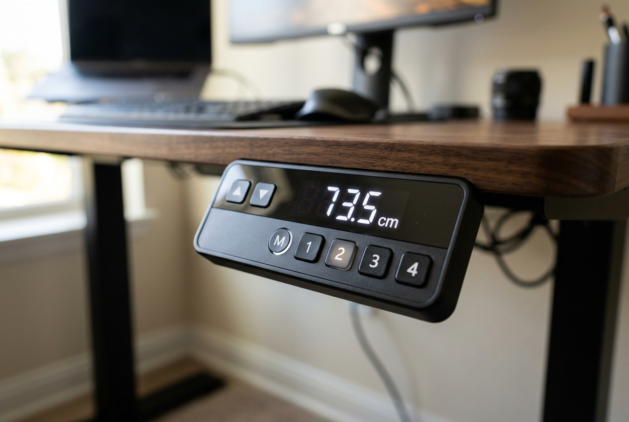 Detail ovládacího panelu výškově nastavitelného stolu s paměťovými tlačítky a digitálním displejem