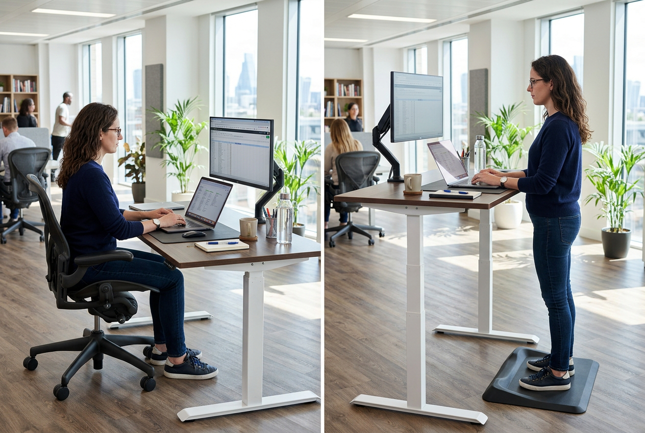 Diptych: práce vsedě (stůl nízko) a vestoje (stůl nahoře) u stejného elektrického stolu